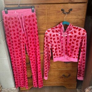 Pink and Red Heart Print Velour Tracksuit